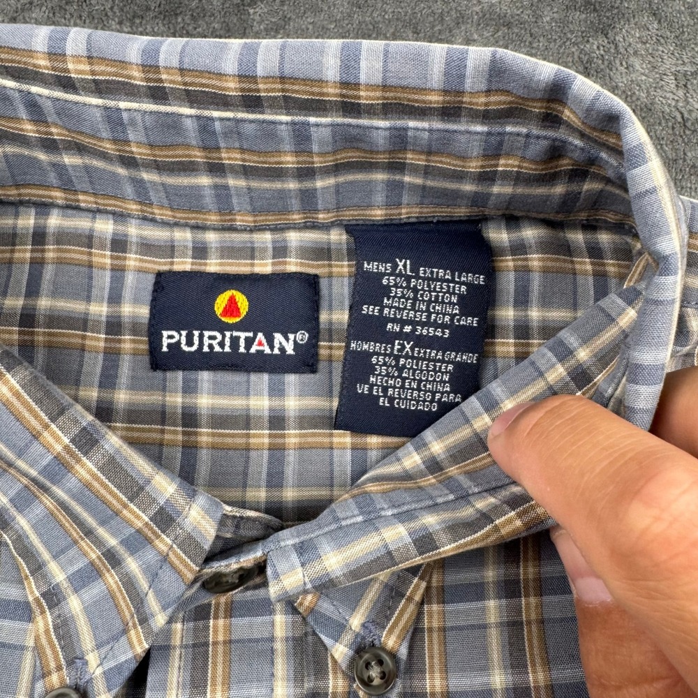 Puritan Mens XL Blue Tan Plaid Short Sleeve Button Down Shirt Collared Pocket - Picture 3 of 8